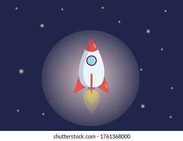 White rocket in shine  flying up in the dark space with stars