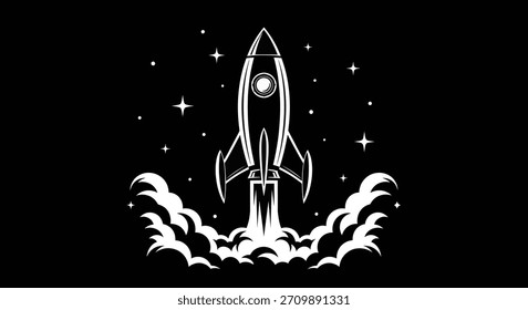 Ein weißes Raketenschiff, das in den Weltraum abgesprengt wird, umgeben von Rauch und Sternen, auf schwarzem Hintergrund.