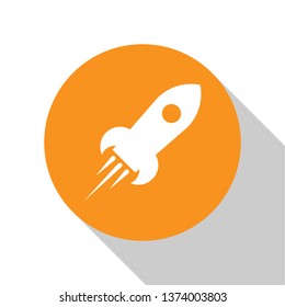 White Rocket ship with fire icon isolated on white background. Space travel. Orange circle button. Flat design. Vector Illustration