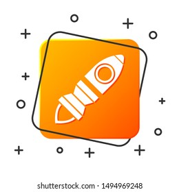 White Rocket ship with fire icon isolated on white background. Space travel. Orange square button. Vector Illustration