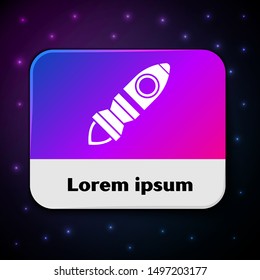 White Rocket ship with fire icon isolated on black background. Space travel. Rectangle color button. Vector Illustration