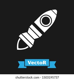 White Rocket ship with fire icon isolated on black background. Space travel.  Vector Illustration