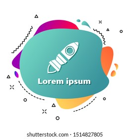 White Rocket ship with fire icon isolated on white background. Space travel. Abstract banner with liquid shapes. Vector Illustration