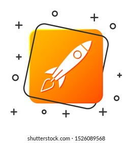 White Rocket ship with fire icon isolated on white background. Space travel. Orange square button. Vector Illustration