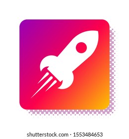 White Rocket ship with fire icon isolated on white background. Space travel. Square color button. Vector Illustration