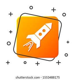 White Rocket ship with fire icon isolated on white background. Space travel. Orange square button. Vector Illustration