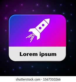 White Rocket ship with fire icon isolated on black background. Space travel. Rectangle color button. Vector Illustration