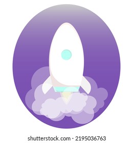 White rocket ship in a flat style isolated in violet circle on white background. Vector illustration with flying space rocket launch. Project start up and development process innovation creative idea