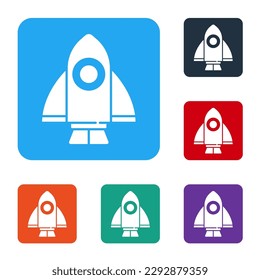 White Rocket ship icon isolated on white background. Space travel. Set icons in color square buttons. Vector