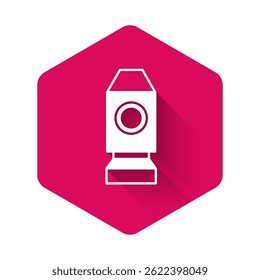 White Rocket ship icon isolated with long shadow background. Space travel. Pink hexagon button. Vector