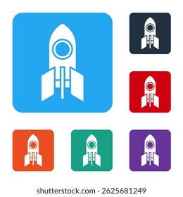 White Rocket ship icon isolated on white background. Space travel. Set icons in color square buttons. Vector