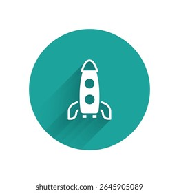 White Rocket ship icon isolated with long shadow. Space travel. Green circle button. Vector