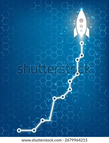 white rocket ship icon on a rising line graph over a modern blue hexagonal background symbolizing business growth startup innovation finance strategy profit and future success