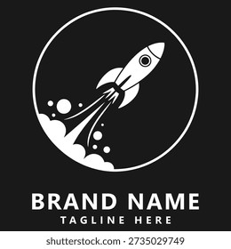 White rocket ship logo with circle and clouds on dark background for business brand icon