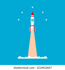 White Rocket Shuttle Spaceship Or Missile Launch Take-off With Curve Stars On Blue Sky Background Flat Vector Design.