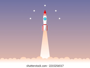 White Rocket Shuttle Spaceship Or Missile Launch Take-off With Curve Stars And Evening Twilight Sky Background Flat Vector Design.