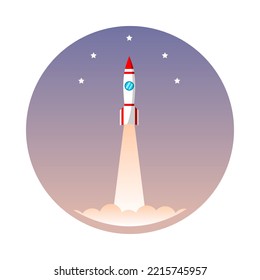 White Rocket Shuttle Spaceship Or Missile Launch Take-off With Curve Stars In Evening Twilight Sky Circle Background Flat Vector Design.