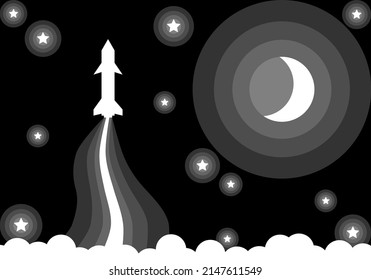White rocket spaceship launch travel to space with crescent moon stars and white clouds on dark black sky background flat vector cartoon design.