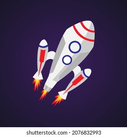 White rocket with turbines and fires on dark blue background. Space transport. Flat vector illustration