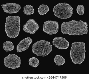 White rocks arranged in a striking set against a deep black background, emphasizing contrast and simplicity. The smooth stones vary in size and shape, creating a natural yet artistic composition.