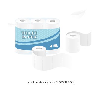 White roll disposable toilet paper pack design paper roll package with soft layers flat vector illustration isolated on white background