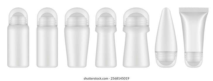 White roller ball bottles with transparent caps. Body antiperspirant deodorant roll-on. Realistic vector mockup. Roller Applicator	