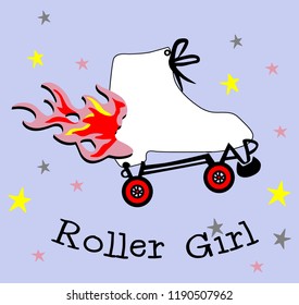 White roller skate with around fire, black texts and colorful stars on blue background. Vector illustration.