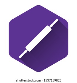 White Rolling pin icon isolated with long shadow. Purple hexagon button. Vector Illustration