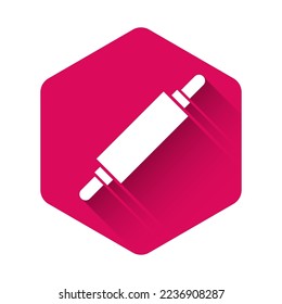 Weißes Rolling-Pin-Symbol einzeln auf langen Schatten. Rosa Hexagon-Taste. Vektorgrafik