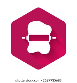 White Rolling pin on dough icon isolated with long shadow background. Pink hexagon button. Vector
