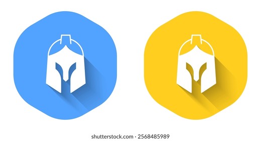 White Roman army helmet icon isolated with long shadow background. Circle button. Vector