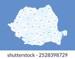 White Romania map with counties outline and counties abbreviations on blue background. Romania map for presentations, infographics, posters, reports