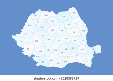 Mapa branco da Romênia com contornos dos condados e abreviaturas dos condados em fundo azul. Romênia mapa para apresentações, infográficos, cartazes, relatórios