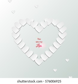  White romantic background with white paper cut out hearts and greeting inscription with Happy Valentine's Day. Holiday card with glare. International holiday of lovers. Festive banner or poster.