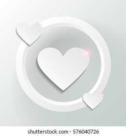 White romantic background with white paper cut out hearts and greeting inscription with Happy Valentine's Day. Holiday card with glare. International holiday of lovers. Festive banner or poster.
