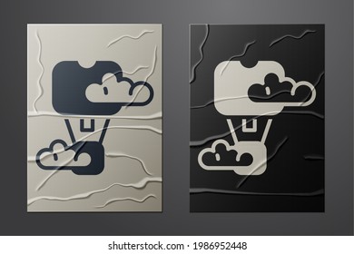 White Romantic hot air balloon icon isolated on crumpled paper background. Air transport for travel. Paper art style. Vector