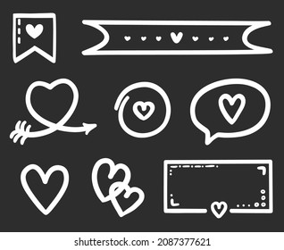 White romantic love elements on isolated black background. Outlined objects. Hand drawn holiday elements for banner, flyer or poster. Valentine's day. Black and white illustration