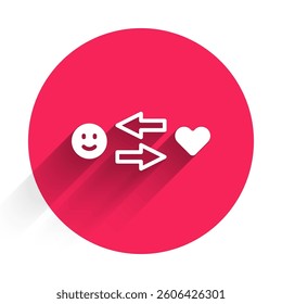White Romantic relationship icon isolated with long shadow. Romantic relationship or pleasant meeting concept. Red circle button. Vector