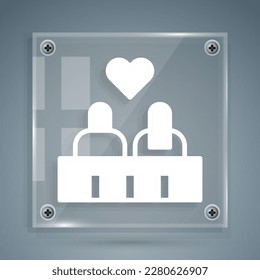 White Romantic silhouette of loving couple sit on a bench near icon isolated on grey background. Happy Valentines Day. Square glass panels. Vector