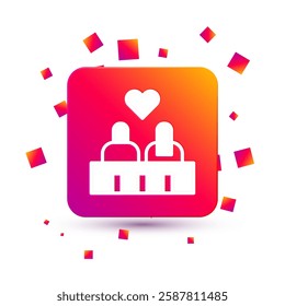 White Romantic silhouette of loving couple sit on a bench near icon isolated on white background. Happy Valentines Day. Square color button. Vector