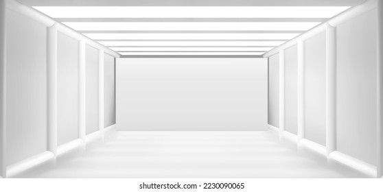 White room, abstract corridor interior, art gallery exhibition hall background. Museum or apartment empty space. 3d render with blank white walls, illumination on ceiling Realistic vector illustration