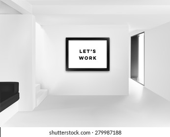 White room with big poster on the wall mock up. Frame mock up. Minimalistic interior 