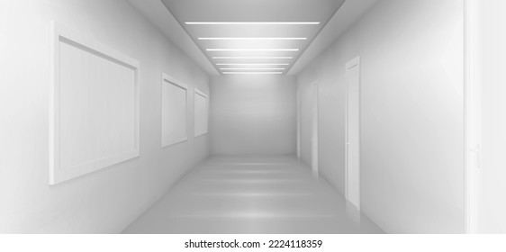 White room, corridor background, museum space 3d render. Art gallery, exhibition hall interior with blank white frames hanging on wall, spotlight illumination on ceiling, Realistic vector illustration