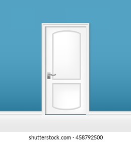 white room door on a blue background, home interior design vector illustration
