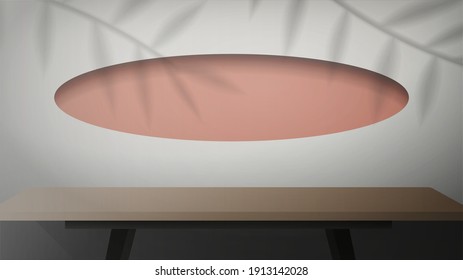 White room with empty work table. A wooden table in a stylish room. Shadows from the leaves. Vector illustration, realistic style.