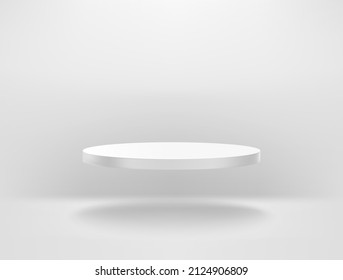 White Room With Flying Circle Podium. Levitated Platform. Realistic 3d Style Vector Illustration 