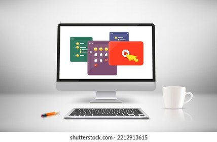 White room with modern computer and windows on the screen. 3d vector illustration