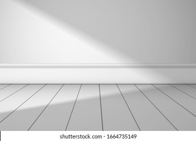 White room with a oblique shadow from the window, which  falls on the wall and plank floor. Realistic background for design 