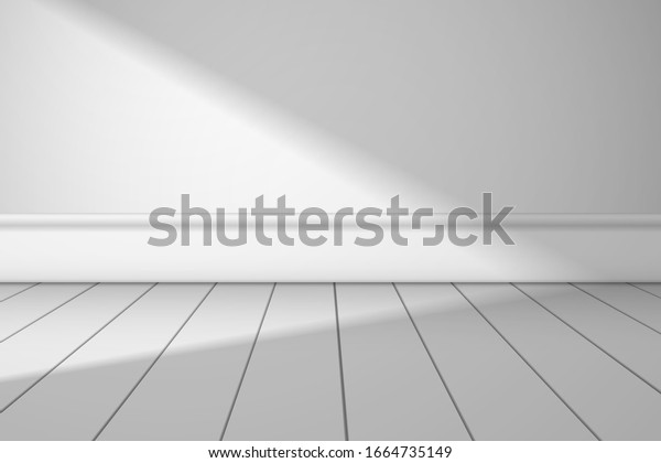 White room with a oblique shadow from the window, which 
falls on the wall and plank floor. Realistic background for design
