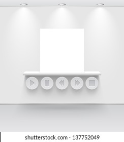 White room with shelf and media interface